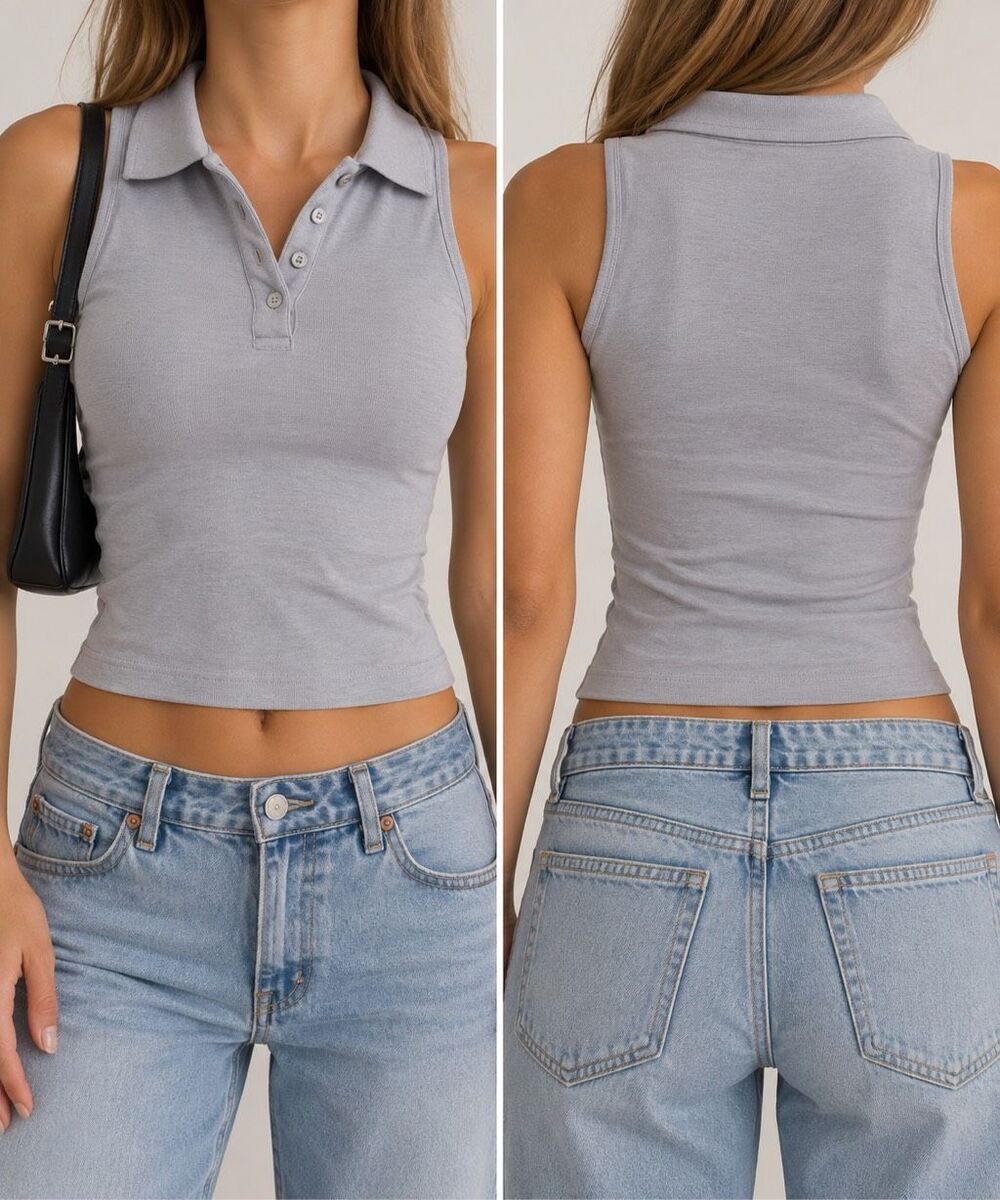 Brandy Melville Gray Sleeveless Polo Top Collared Preppy Y2K